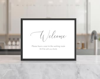 Printable Reception Desk Sign,  Welcome please have a seat in Waiting Room, landscape horizontal (7x5 to 24x18 JPG PDF)