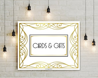 Cards and Gifts Printable Party Decor, Wedding or Graduation reception gold white art deco gift table sign, bridal shower engagement party