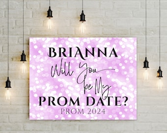 Pink Printable Personalized Prom 2024 Invitation, Will you be My Prom Date Poster, Bokeh background pink gold white blue, you print JPG PDF