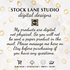 Op de afbeelding: Een witte digitale informatiekaart met gouden cirkelpatronen met de tekst STOCK LANE STUDIO digital designs, het SLS-logo en instructies dat de producten digitaal zijn, niet fysiek, met iconen voor aankoop, downloaden, printen en wow.