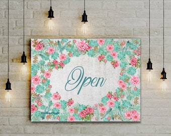 Open Sign Instant Download Floral Business Door Sign, Yes We're open display for restaurant, Front Door Decor