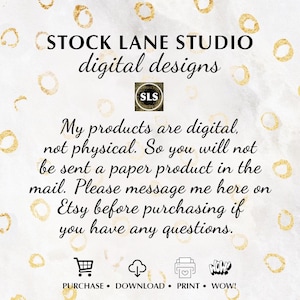 Pu&ograve; includere: Una scheda informativa digitale bianca con motivi a cerchi dorati che presenta il testo STOCK LANE STUDIO digital designs, il logo SLS e istruzioni che indicano che i prodotti sono digitali, non fisici, con icone per acquisto, download, stampa e wow.