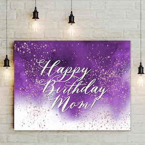 Druckbare alles Gute zum Geburtstag Mama Zeichen und digitale Begrüßung, lila Aquarell Hintergrund rose gold Glitzer jpg Dateien 5x7 8x10 11x14 16x20