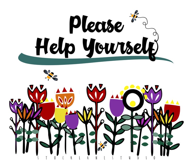 Please help yourself Printable Sign with flowers and bees food gift table sign 5x7 to 20x24 jpg pdf image 1