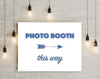 Printable Photo Booth Sign This Way sign, Digital navy blue and white with right arrow, reception decor event party prop, 5x7 20x24 jpg pdf