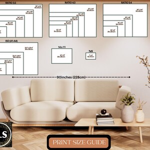 Op de afbeelding: Een afdrukformaatgids met verschillende beeldverhoudingen zoals 3:2, 4:3, 5:4 en ISO A1-A4 met afmetingen in inches en centimeters. De gids bevat een referentielijn van 228 cm en de tekst PRINT SIZE GUIDE.