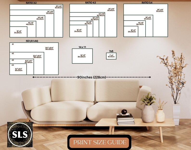 Op de afbeelding: Een afdrukformaatgids met verschillende beeldverhoudingen zoals 3:2, 4:3, 5:4 en ISO A1-A4 met afmetingen in inches en centimeters. De gids bevat een referentielijn van 228 cm en de tekst PRINT SIZE GUIDE.