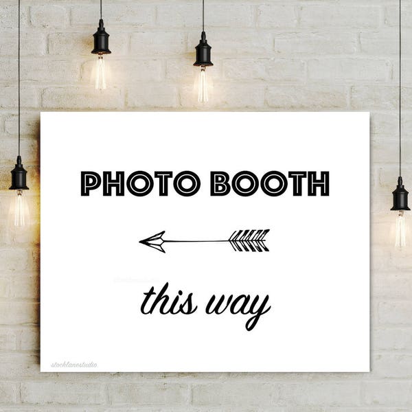 Printable Photo Booth This Way sign with Left Arrow, Graduation Party Decor,  black white Wedding reception poster, jpg pdf 5x7 to 20x24