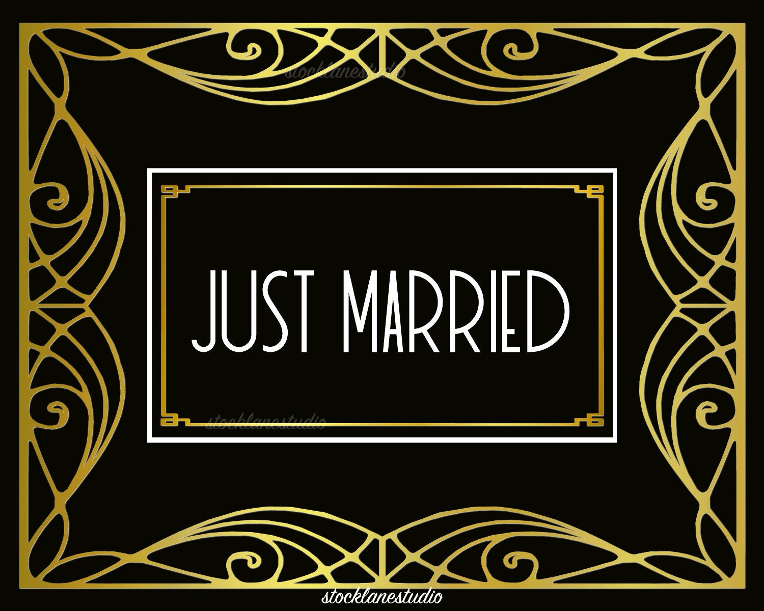 Just married Printable Wedding sign gold white Art deco style | Etsy