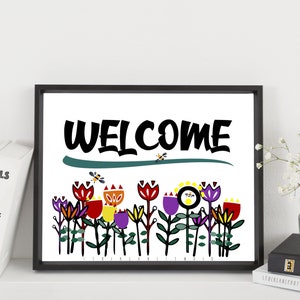 Printable Welcome Sign with flowers and bees Event table sign Waiting Room Wedding Ceremony 5x7 to 20x24 jpg pdf