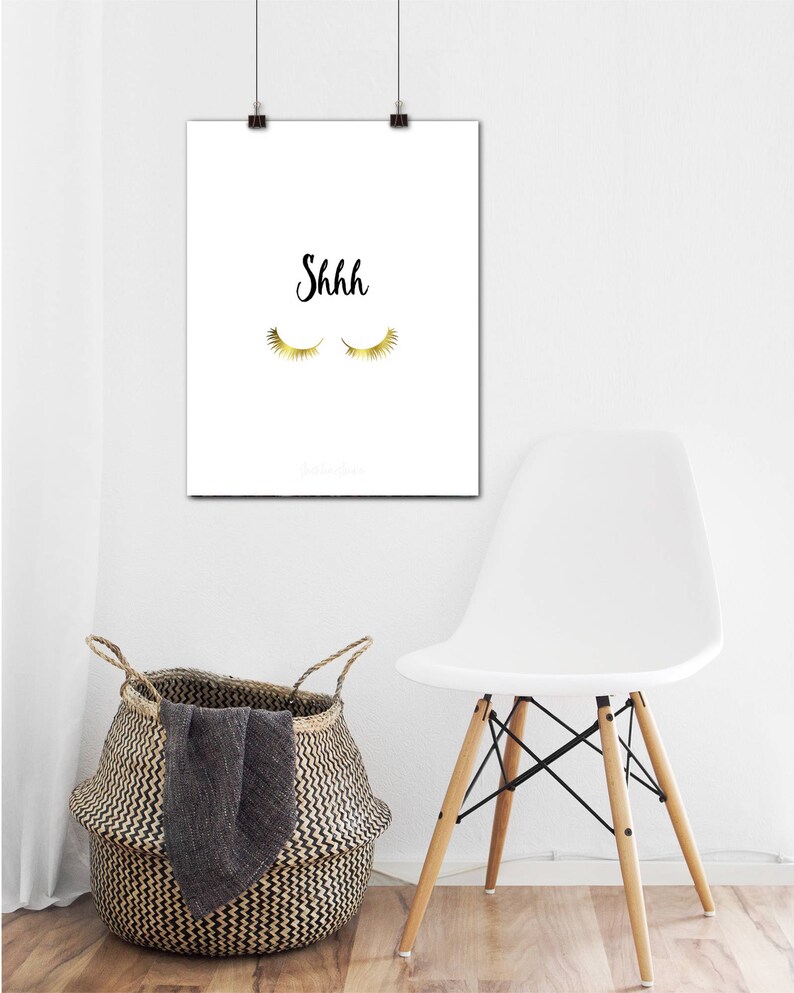 Gold Lashes Printable quiet poster for home or salon, Mother's Day Gift, Shhh door sign, DIY Teen or Baby's Room Decor, 8x10 14x18 jpg image 1