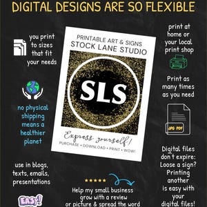 Op de afbeelding: Een grafische afbeelding in schoolbordstijl met de tekst DIGITAL DESIGNS ARE SO FLEXIBLE bovenaan. Een centraal wit rechthoekig bord toont PRINTABLE ART & SIGNS STOCK LANE STUDIO, een gouden glittercirkel, de letters SLS en Express yourself!