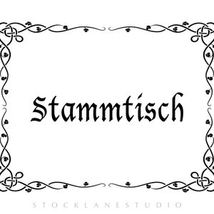 May include: A black and white graphic featuring the word Stammtisch written in a gothic-style font, centered within a rectangular border composed of intricate, swirling vine patterns with small leaves and knotwork details at the corners.