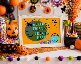 Printable Teal Pumpkin Sign, Allergy Friendly Halloween Trunk or Treat Decor, Teal Trick or Treat Yard Sign 7x5 to 24x18  jpg pdf