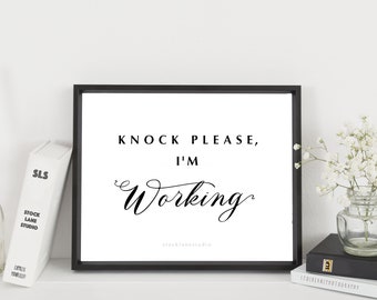 Printable black white office decor, Knock Please I'm Working, Home Office Door Sign, Minimalist Dorm Decor 5x7 to 11x14 jpg pdf