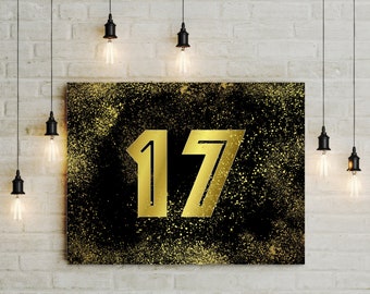Printable seventeenth birthday party decor, gold glitter on black Number 17 sign, 17th anniversary party prop, 5x7-8x10-11x14-14x18 jpg pdf