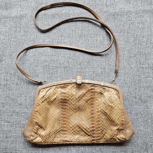 Vintage Genuine Snakeskin Crossbody Bag - Beige Python Skin Frame Purse - 1970s/1980s Vintage