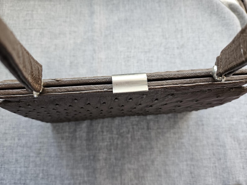 May include: A dark brown handbag with a textured, dotted surface pattern resembling ostrich leather. The bag features a rectangular frame, a silver-toned metal clasp closure at the top center, and two matching brown handles attached to the sides.