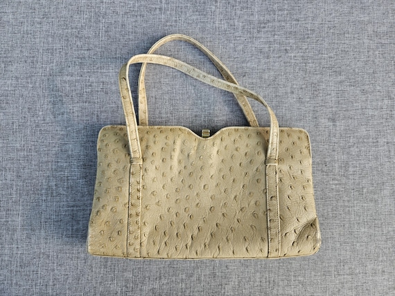 Vintage Ostrich Leather Handbag 1950s 1960s | Beige Structured Frame Bag