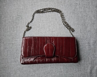 Burgundy Eel Leather Clutch Bag – Genuine Eel Skin, Chain Strap, Evening Bag