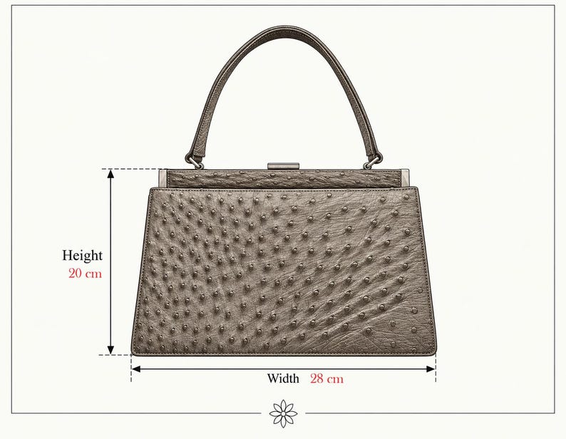 May include: A metallic bronze handbag with a textured quill pattern, a single top handle, and a rectangular metal clasp. The bag measures 20 cm in height and 28 cm in width, as indicated by the measurement lines and text labels on the image.