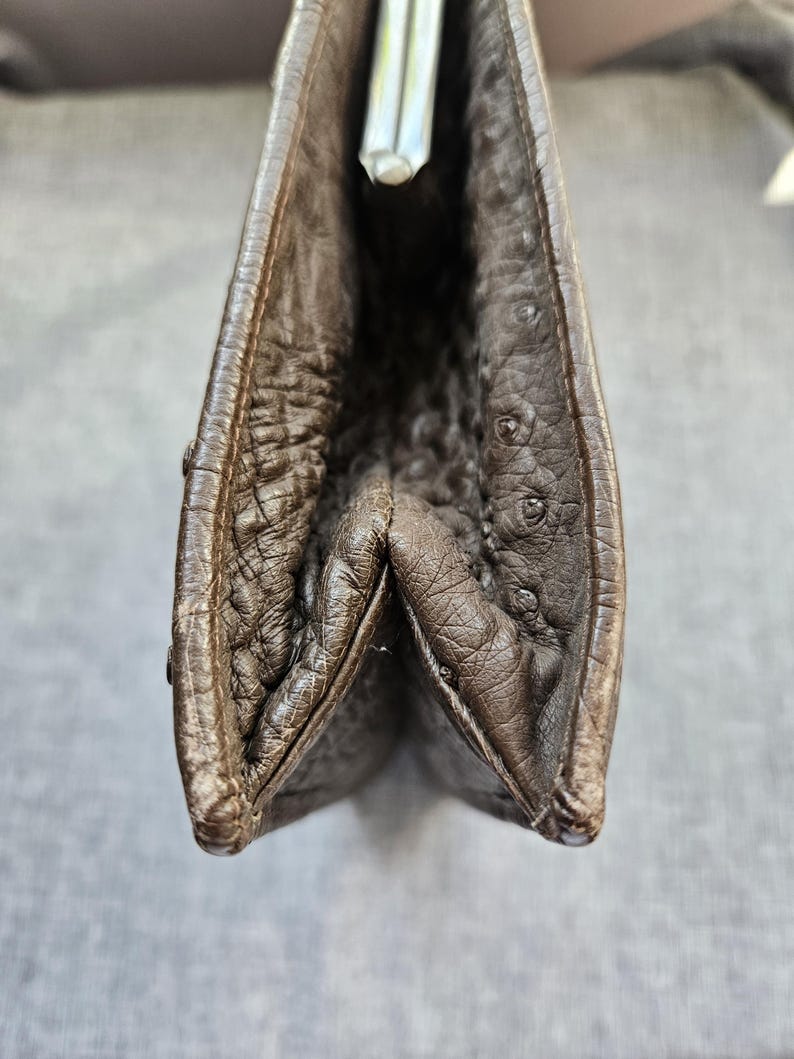 May include: A dark brown leather clutch with a distinct textured surface featuring small, raised quill-like bumps. The bag has a structured frame with a silver-toned metal clasp closure at the top, showing a gusseted side profile design.