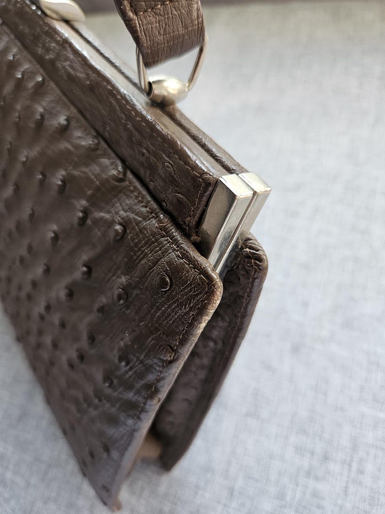 May include: A dark brown handbag with a textured ostrich-style finish featuring raised bumps. The bag has a structured rectangular frame with a silver-toned metal clasp closure at the top and a matching brown handle attached with silver hardware.