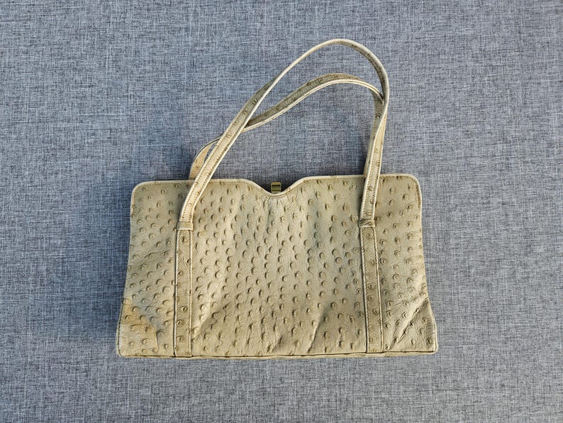 May include: A beige handbag with a textured ostrich-skin pattern, featuring a rectangular body, two thin shoulder straps, and a small gold-toned metal clasp closure at the top center. The bag has a structured design with vertical stitched detailing.