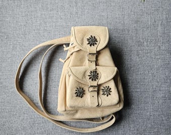 Vintage Suede Leather Mini Backpack – Edelweiss Flower Detail | Alpine Folk Style