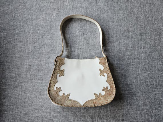 Vintage Y2K Monova Shoulder Bag – Embossed Faux Leather Patchwork, Off-white Bronze Handbag