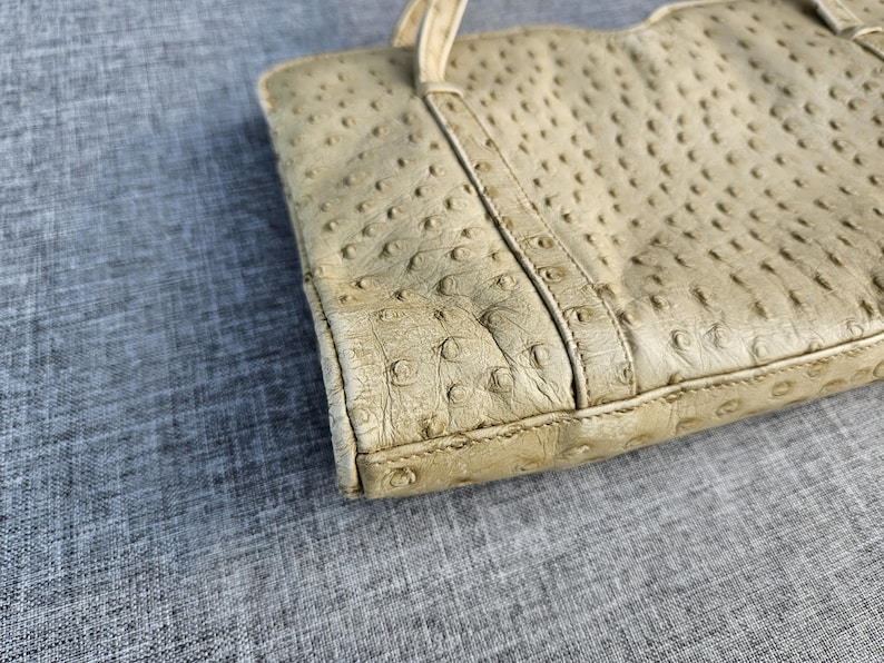May include: A beige handbag featuring a distinct textured surface with raised quill follicles characteristic of ostrich leather. The bag includes a structured vertical panel design and a thin strap attachment visible at the top edge of the rectangular body.