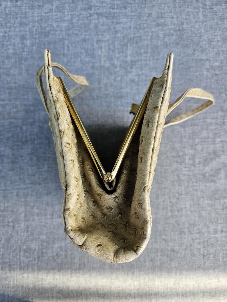 May include: A beige handbag with a textured, dotted surface pattern and a gold-toned metal frame closure. The bag is shown from an overhead perspective, revealing the open V-shaped top opening and two thin matching straps attached to the sides.