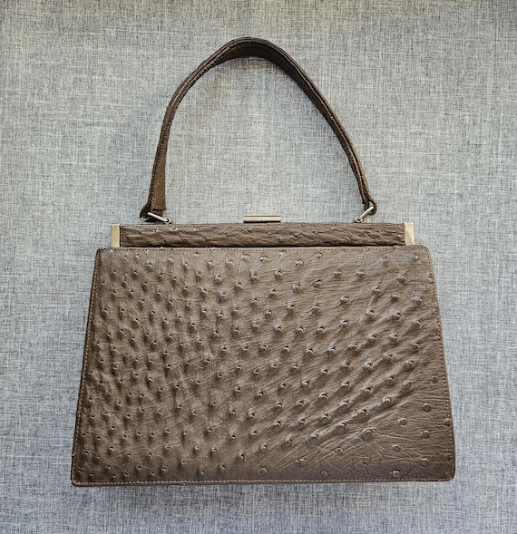 Vintage Genuine Ostrich Leather Handbag | Brown Structured Top Handle Purse | 1960s 1970s Frame Bag