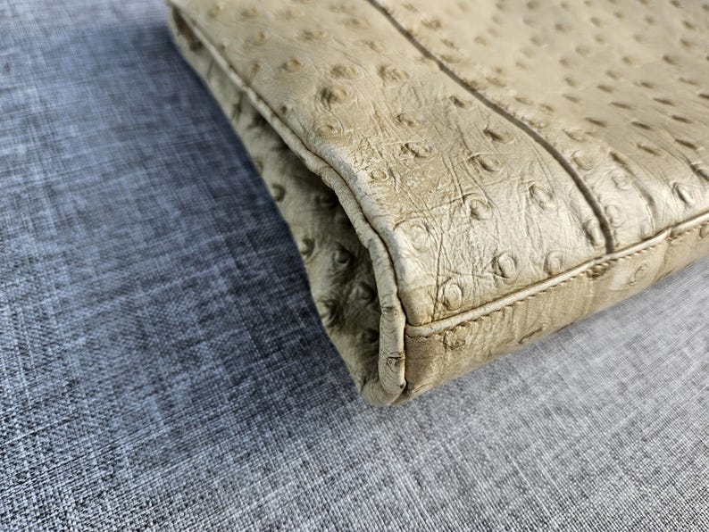 May include: A beige clutch with a distinct ostrich leather texture featuring a pattern of small, raised quill follicles across the surface. The accessory has a structured rectangular shape with visible stitched seams along the edges and a fold-over flap.