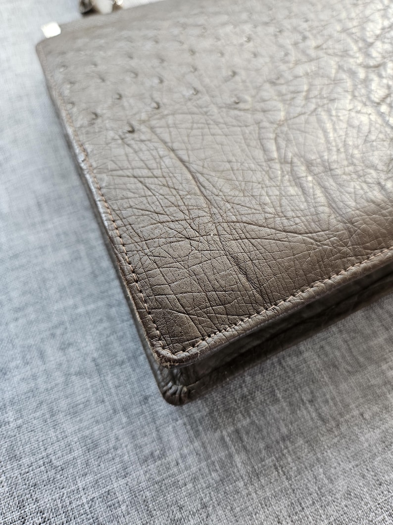 May include: A rectangular brown wallet featuring a textured ostrich leather pattern with visible quill follicles. The wallet has reinforced stitched edges and a metallic silver-toned clasp visible at the top corner of the folded flap closure.