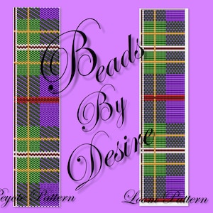 May include: Two vertical rectangular patterns with a plaid design in green, purple, and gold, with a red stripe. The text "Beads By Desire" is in cursive. The words "Peyote Pattern" and "Loom Pattern" are below the patterns.