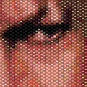 May include: Close-up of a person's face, showing a detailed mosaic of small squares in shades of brown, pink, and red. The person's eyes are closed, and their lips are slightly parted.