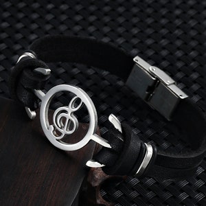 Musical Note Bracelet Design stainless steel Genuine Leather Bracelets For Women Men Charm Jewelry Bangle