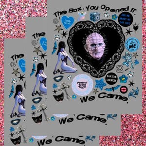 May include: Three gray posters with a collage of images and text. The central image is a portrait of a character with pins in their head, surrounded by a black heart-shaped frame. Text includes "The Box. You Opened It" and "We Came."