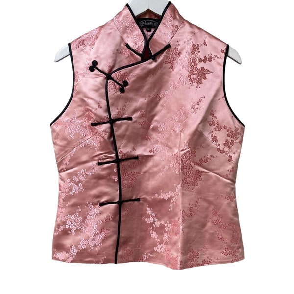 Chinese Top 100% Silk Medium Pink Black Sleeveless Mandarin Collar Henki Vest Cherry Blossoms Cheongsam