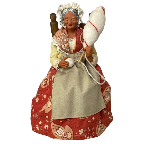 French Country Santon Figurine Old Woman Spinning Yarn on Chair 8.5" high