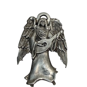Christmas Angel Ornament Pewter Silver tone Angel playing the Mandolin  2.5&quot; Holiday Decor