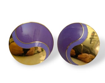 LAUREL BURCH EARRINGS Purple and Gold tone Enamel-  Button Posts - Vintage Ying Yang Design