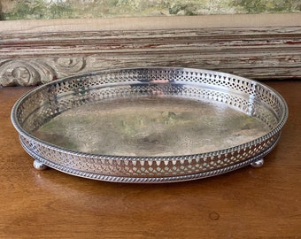 English Silverplate Tray Vintage Folgate Made in England Silver on Copper Regency Gallery Vanity Style Footed 12" long