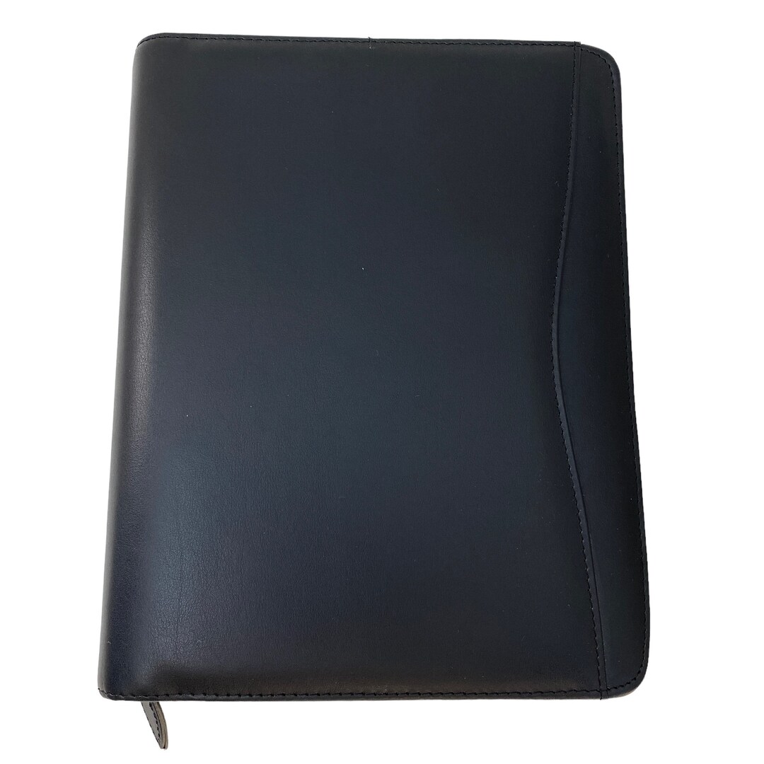 Day timer planner organizer zippered cover black faux leather 10 5x8 5