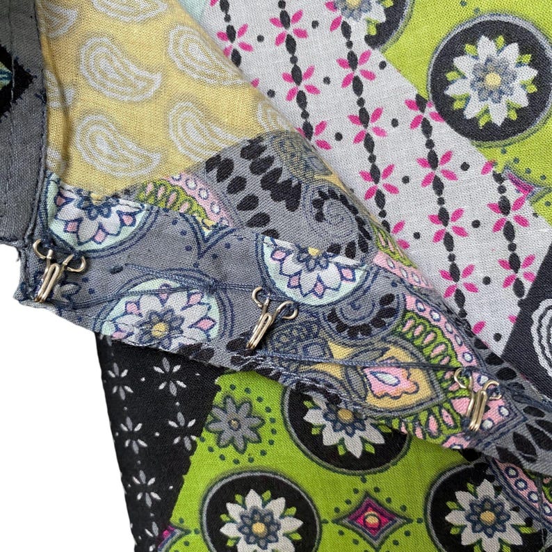 Pu&ograve; includere: Sciarpa colorata con design patchwork. La sciarpa presenta vari motivi, tra cui paisley, floreali e geometrici, in tonalit&agrave; di grigio, giallo, verde, nero e rosa. Chiusure con ganci in metallo.