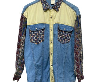 Vintage Patchwork Denim Shirt M/L Western Snap Button, Blue Colorblock Long Sleeve