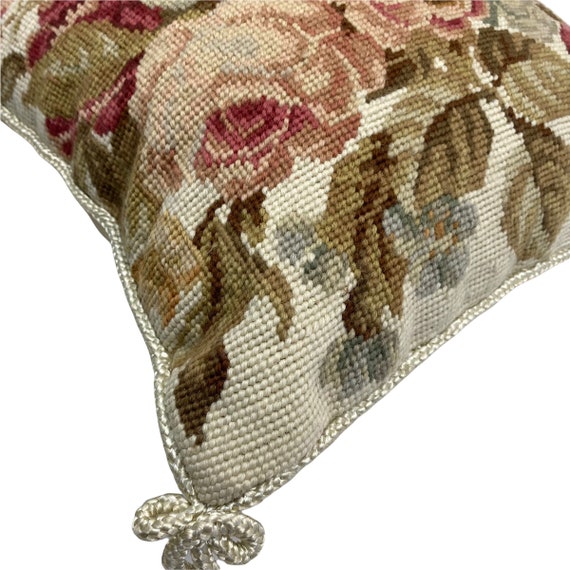 Needlepoint Floral Pillow Pink Roses 13.5 Square Victorian Shabby Chic- Beige Pink Flowers- Wool Stitched Zippered cover