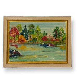 Miniature Painting Vintage Original Framed Landscape with Barn Scene 5.75x7.75"