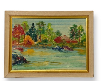 Miniature Painting Vintage Original Framed Landscape with Barn Scene 5.75x7.75"